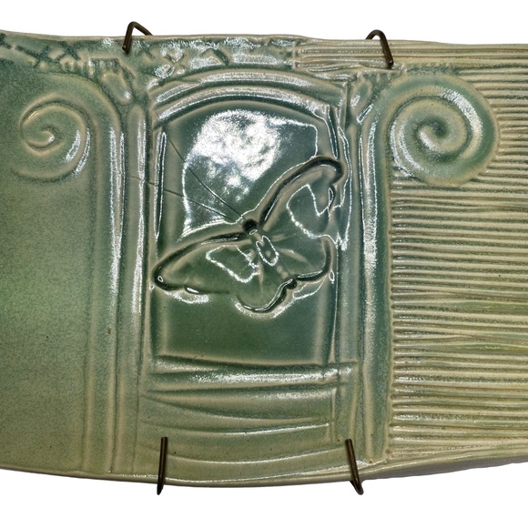 Carol Long Pottery Green Butterfly Relief Ceramic Wall Plaque Tile Handmade OS - Picture 5 of 13